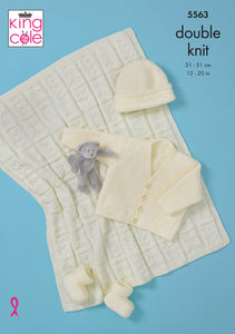 King Cole Pattern 5563: Babies cardigan, hat bootees & blanket