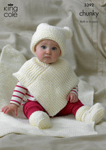 Load image into Gallery viewer, King Cole Pattern 3392: Baby&#39;s Hat, Poncho, Booties &amp; Blanket
