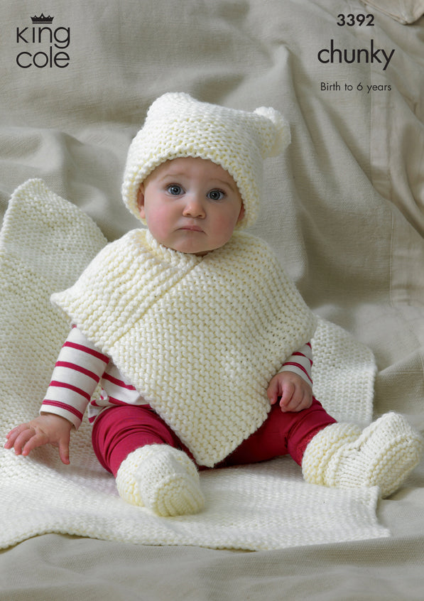 King Cole Pattern 3392: Baby's Hat, Poncho, Booties & Blanket