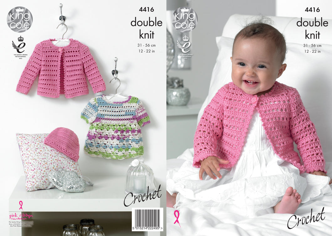King Cole Pattern 4416 - Crochet Dress, Cardigan & Hat