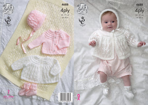 King Cole Patterns 4688: Matinee Coat, Cardigan, Bonnet and Bootees