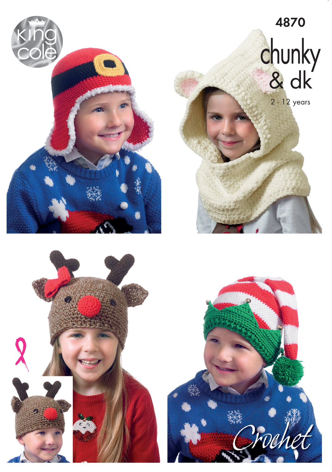 King Cole Pattern 4870: Kid's Novelty Christmas Hats