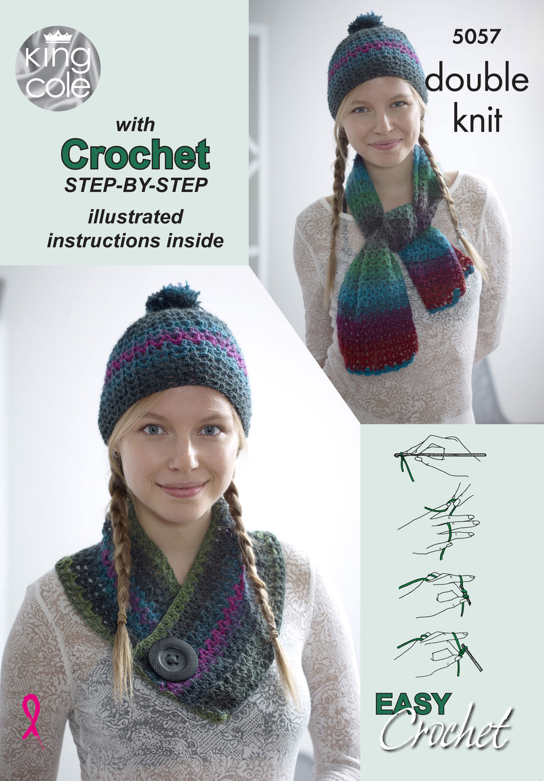 King Cole Pattern 5057: Crochet Scarf, Hat & Cowl set with Step by Step instructions