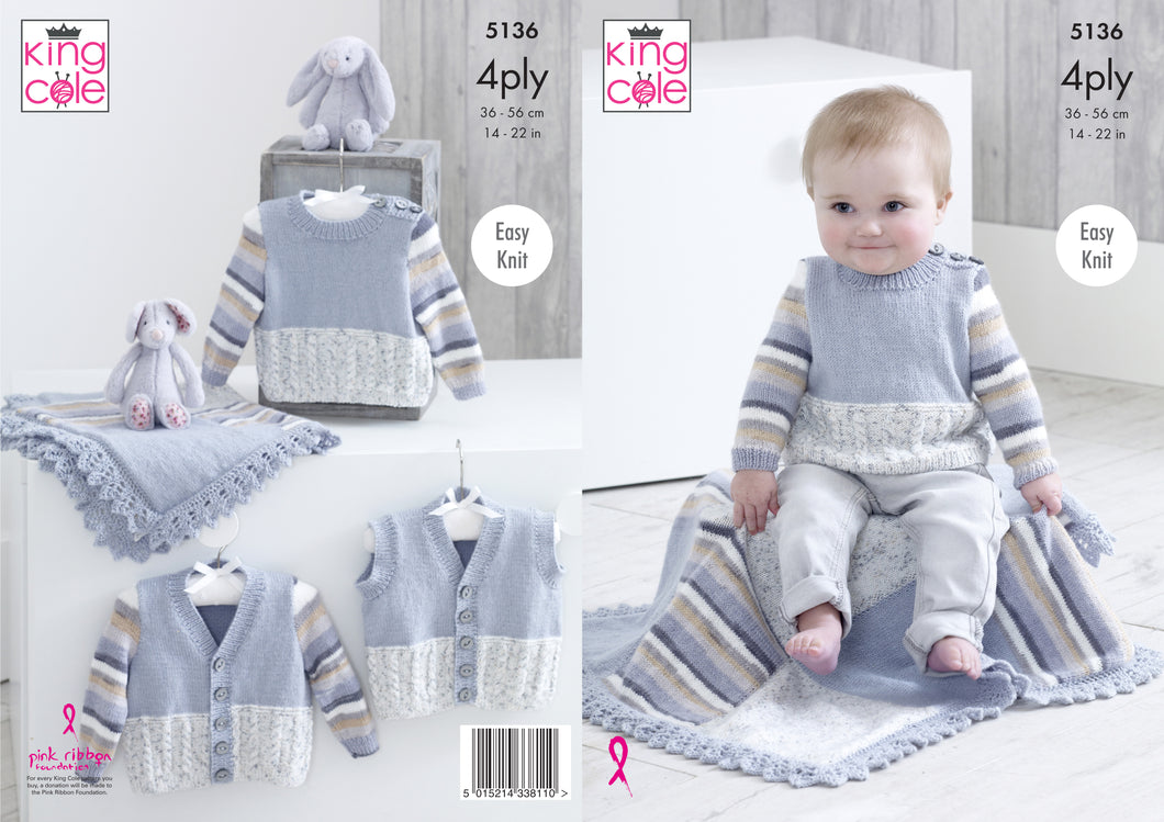 King Cole Patterns 5136: Sweater, V Neck Cardigan. Waistcoat & Blanket