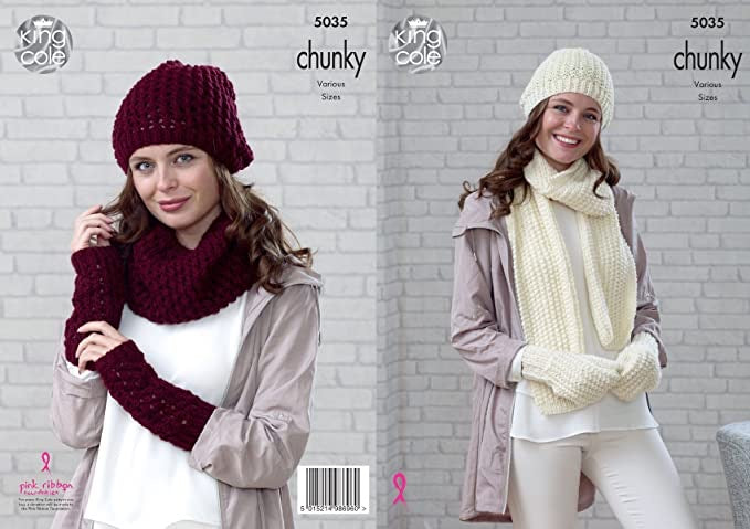 King Cole Pattern 5035: Beanie, Scarf, Mittens, Snood, Slouchy Hat & Wrist Warmers